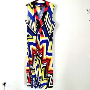 Ashley Stewart Knit Abstract Stretch V Neck Women 22/24 Flare Maxi Dress NWT